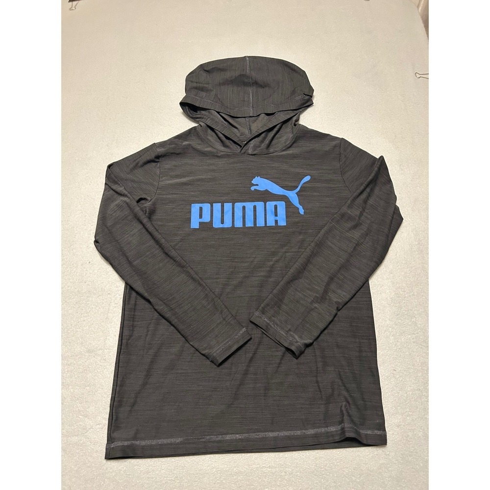 Puma Kids Boys Hooded Long Sleeve Performance Charcoal Gray Shirt Size M 10/12